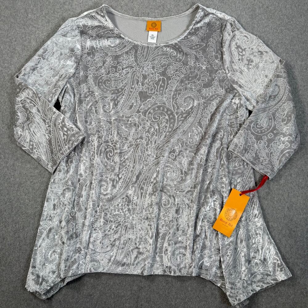 Ruby Rd. Silver Velvet Paisley Tunic Blouse Women's XL 3/4 Sleeve New